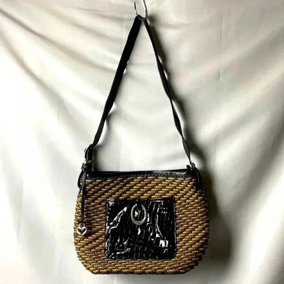 COPYBRIGHTON PURSE BLACK & TAN WOVEN STRAW ADJUST ALLIGATOR LOOK STRAP SILVER - Picture 1 of 16